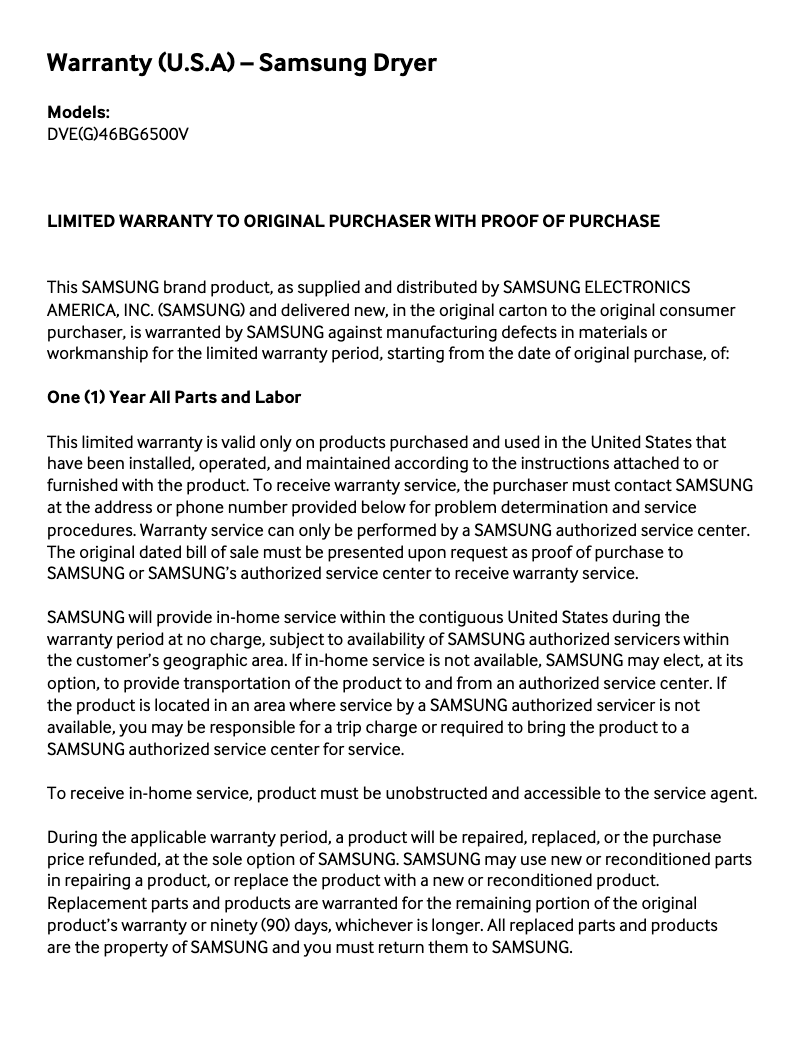 Page n°1 - Informations de garantie Samsung DVG46BG6500V