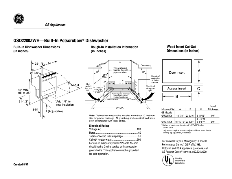 Page 1 of the manual Technical Sheet GE GSD2200ZWH