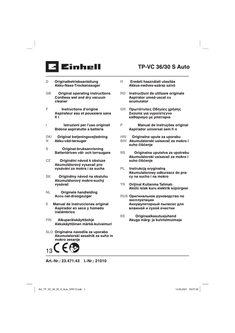 Page n°1 - Manuel utilisateur Einhell TP-VC 36/30 S Auto