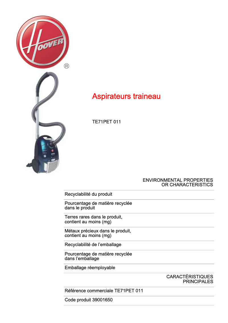 Page n°1 - Fiche technique Hoover Telios Plus TE71PET 011