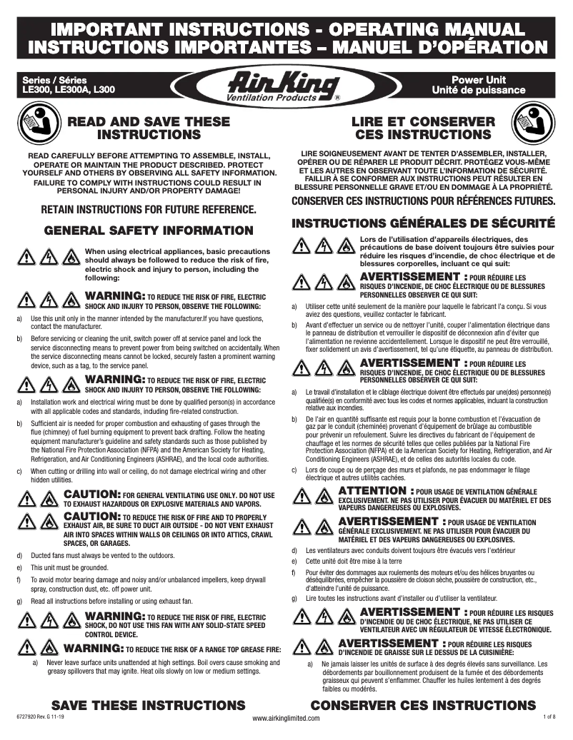 Page 1 de la notice Manuel utilisateur Air King LE300A