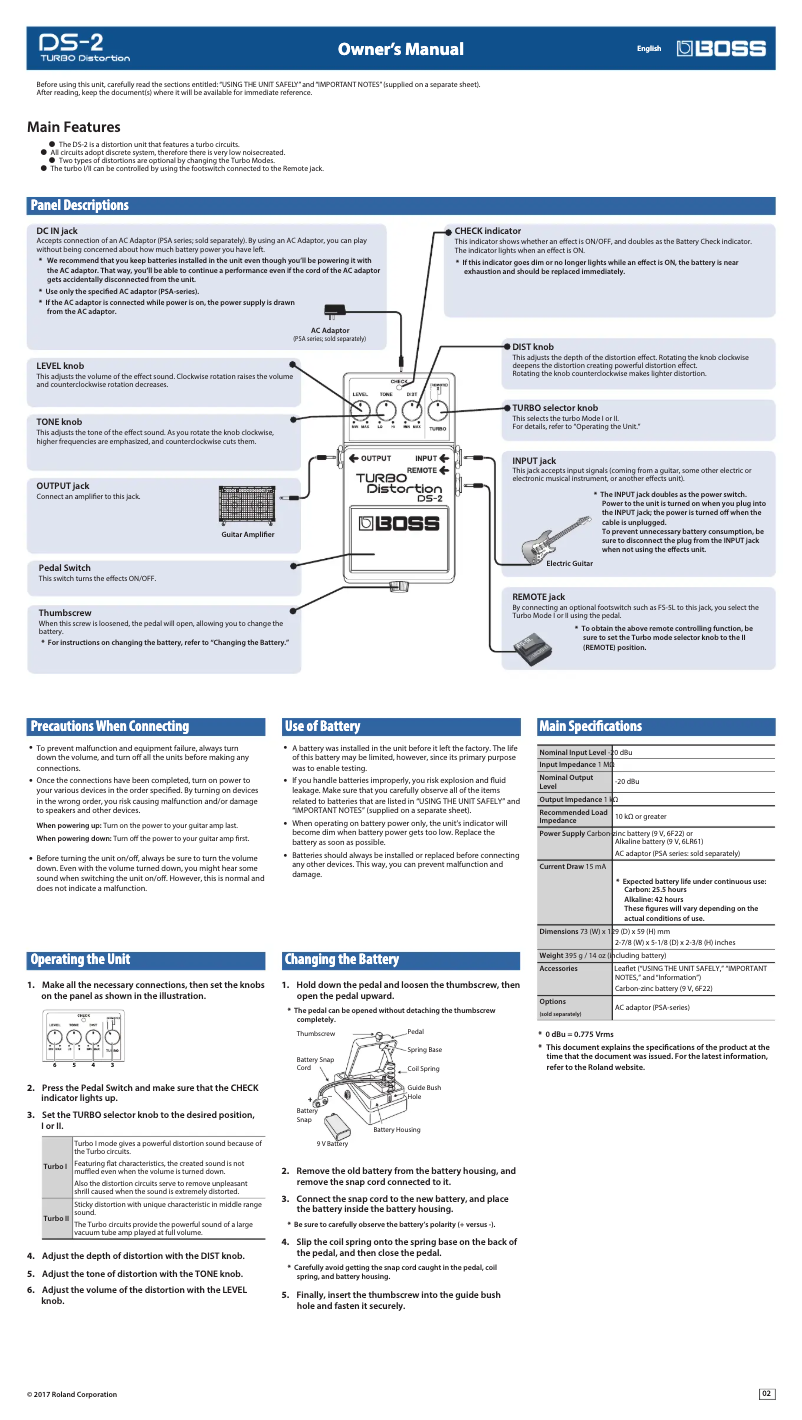 Page n°1 - Manuel utilisateur Boss Turbo Distortion DS-2