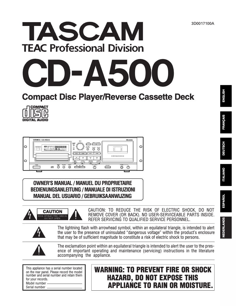 Page 1 de la notice Manuel utilisateur Tascam CD-A500