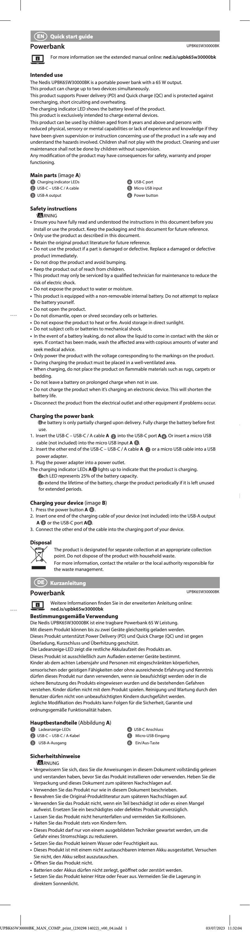 Image de la première page du manuel de l'appareil UPBK65W30000BK