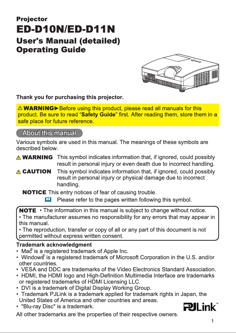 Page 1 de la notice Manuel utilisateur Hitachi ED-D10NEF