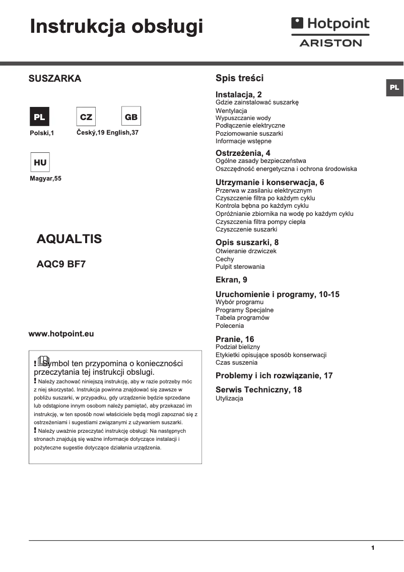 Image de la première page du manuel de l'appareil Aqualtis AQC9 BF7
