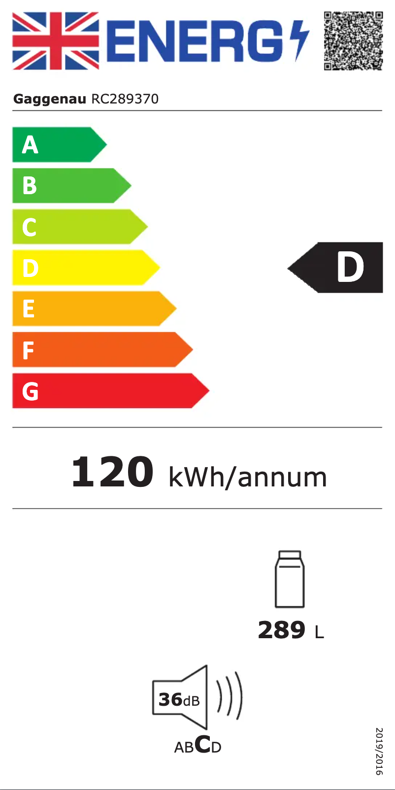 Page 1 de la notice Label énergétique Gaggenau RC289370