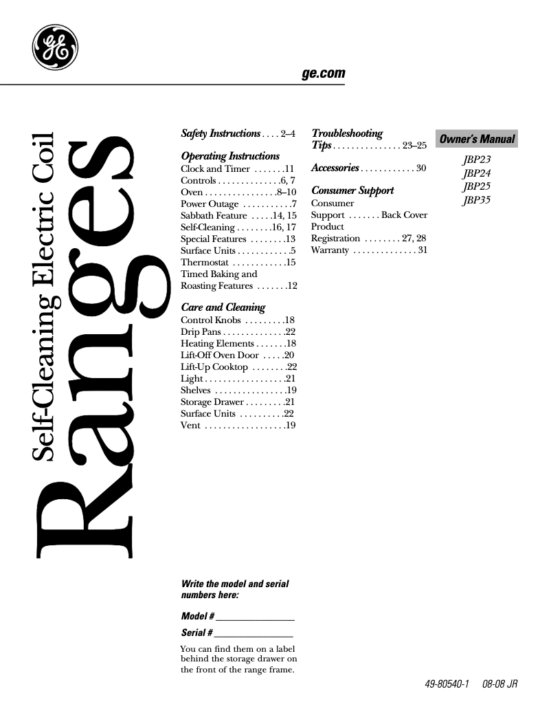 Page n°1 - Manuel d'utilisation et d'entretien GE JBP35CMWW