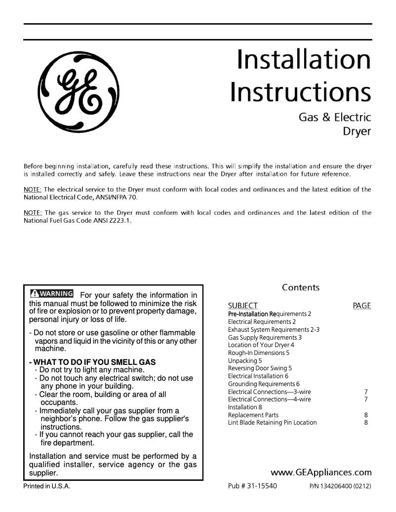 Página 1 del manual Guía de instalación GE DCCH43EAWW