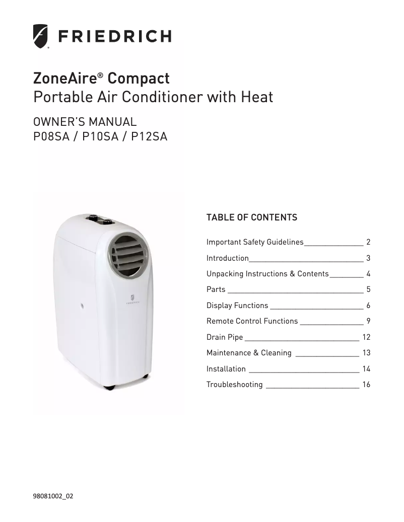 Page n°1 - Manuel utilisateur Friedrich ZoneAire Compact P12SA