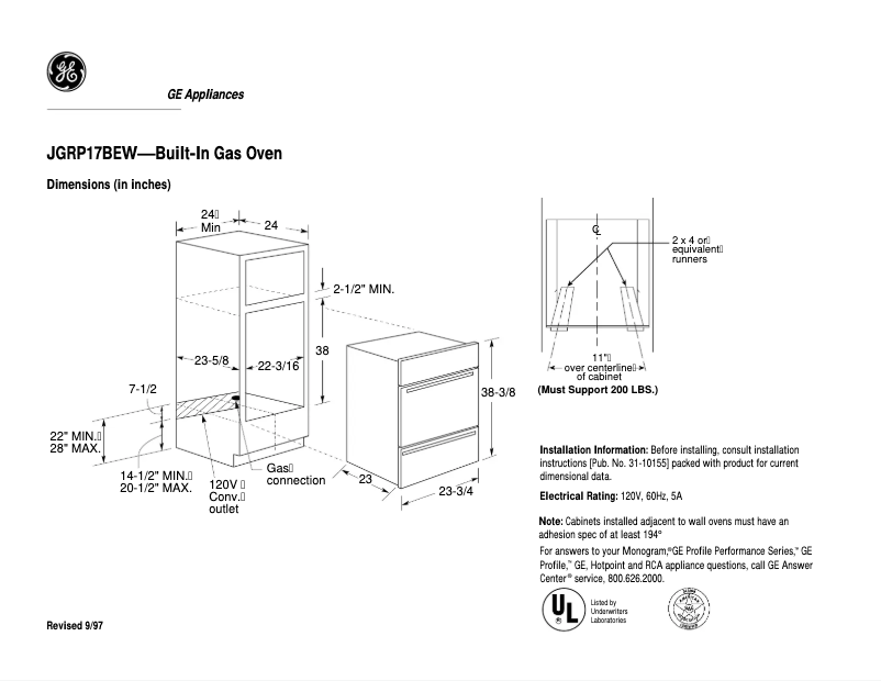 Page 1 of the manual Technical Sheet GE JGRP17BEWBB