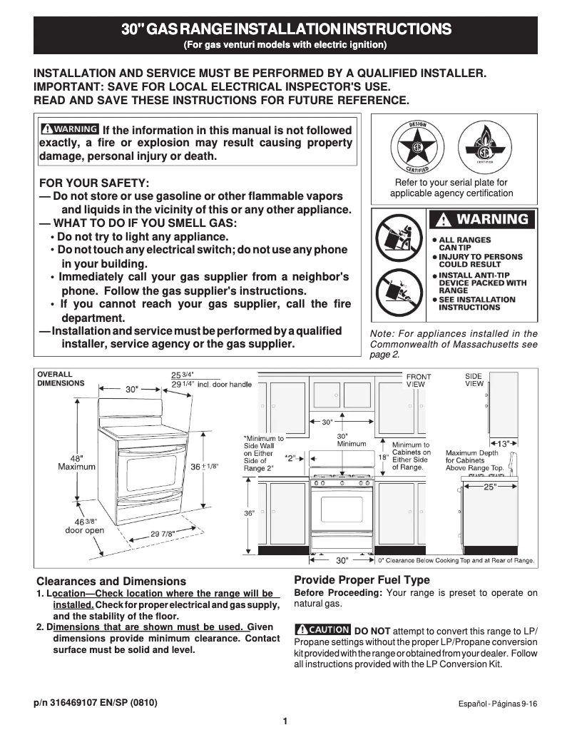 Page 1 de la notice Guide d'installation Frigidaire FGF316DS