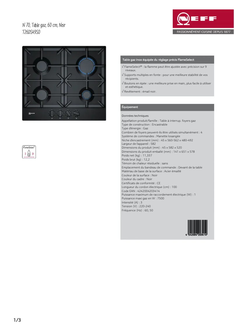 Page 1 de la notice Fiche technique Neff T26DS49S0