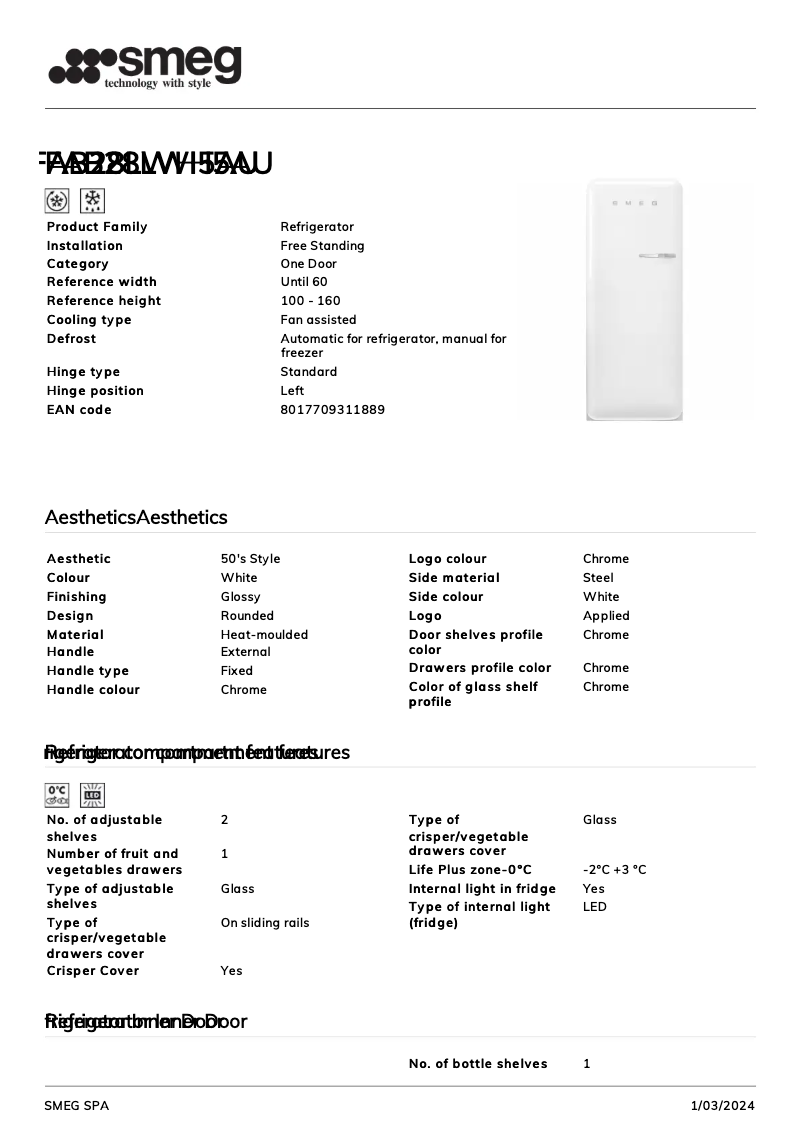Page 1 de la notice Fiche technique Smeg FAB28LWH5AU