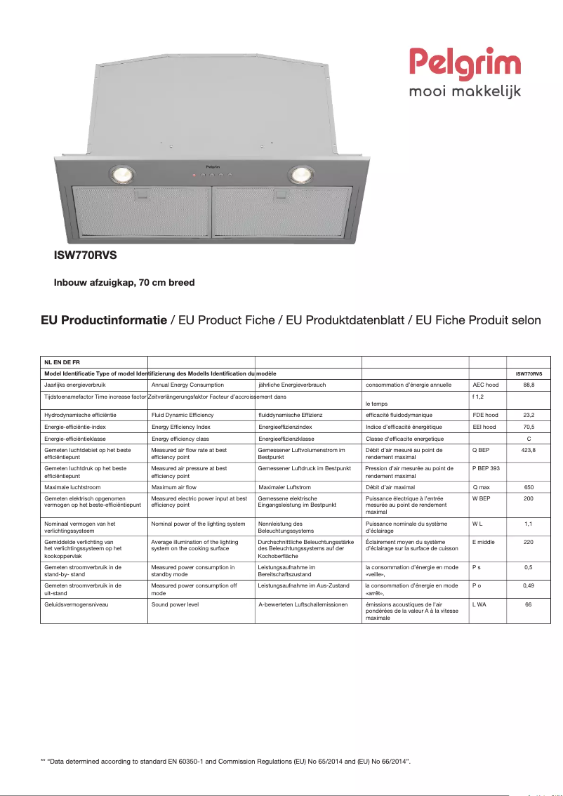 Page 1 de la notice Fiche technique Pelgrim ISW770RVS