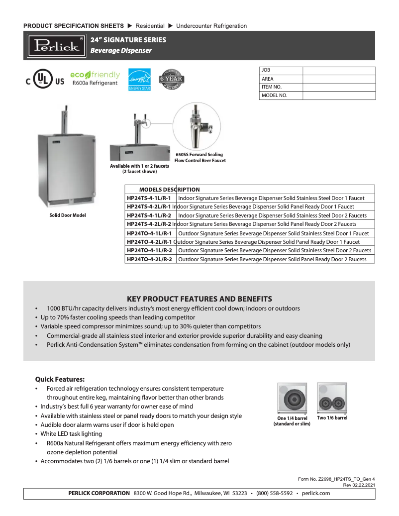 Page n°1 - Fiche technique Perlick HP24TS-4-1L-1