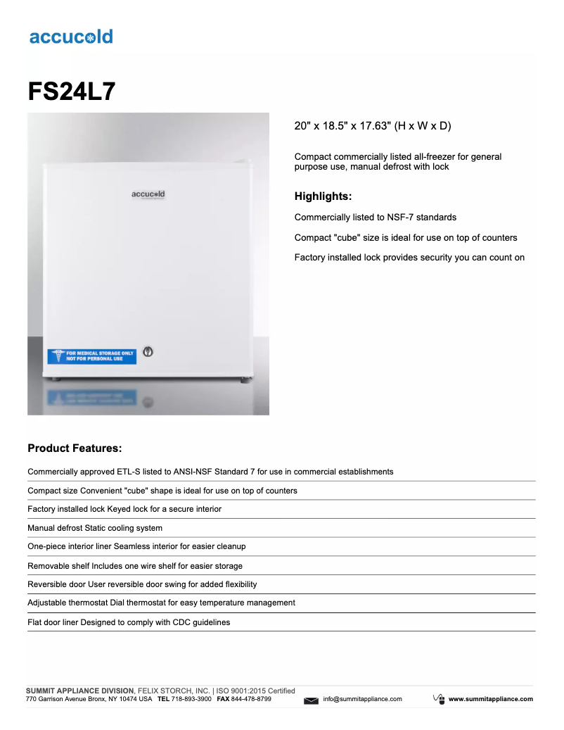 Page n°1 - Fiche technique Summit Accucold FS24L7