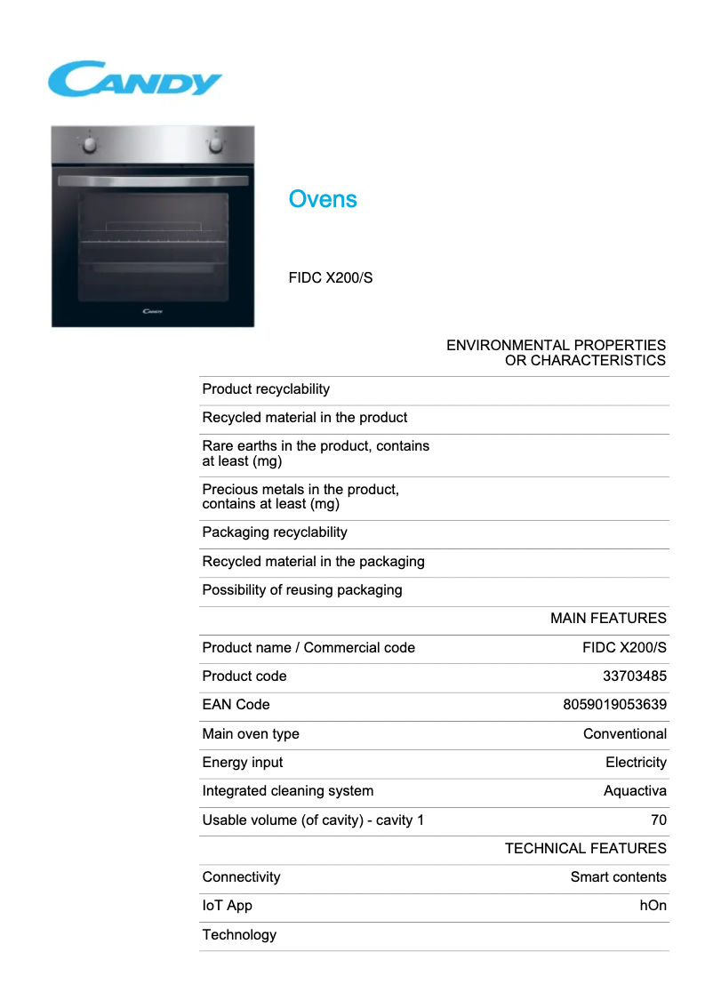 Page 1 de la notice Fiche technique Candy FIDC X200/S