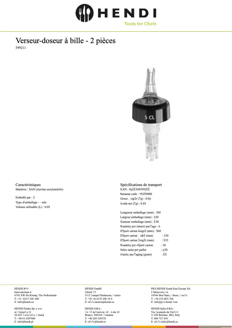 Page 1 de la notice Fiche technique Hendi 599112