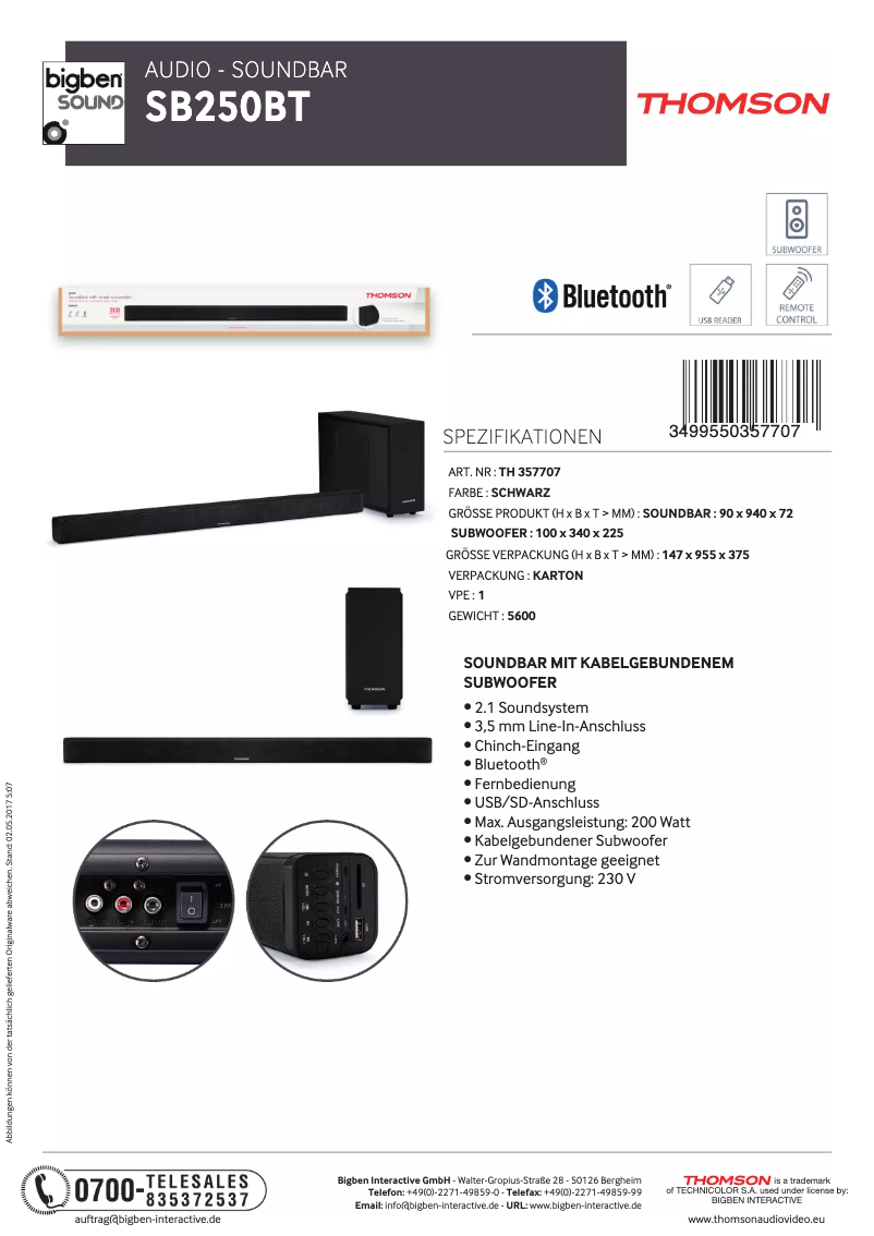 Page 1 of the manual Technical Sheet Thomson SB250BT