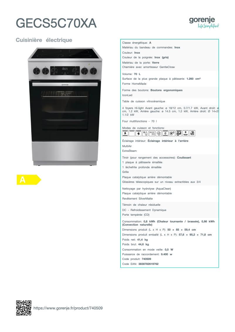 Page 1 de la notice Fiche technique Gorenje GECS5C70XA