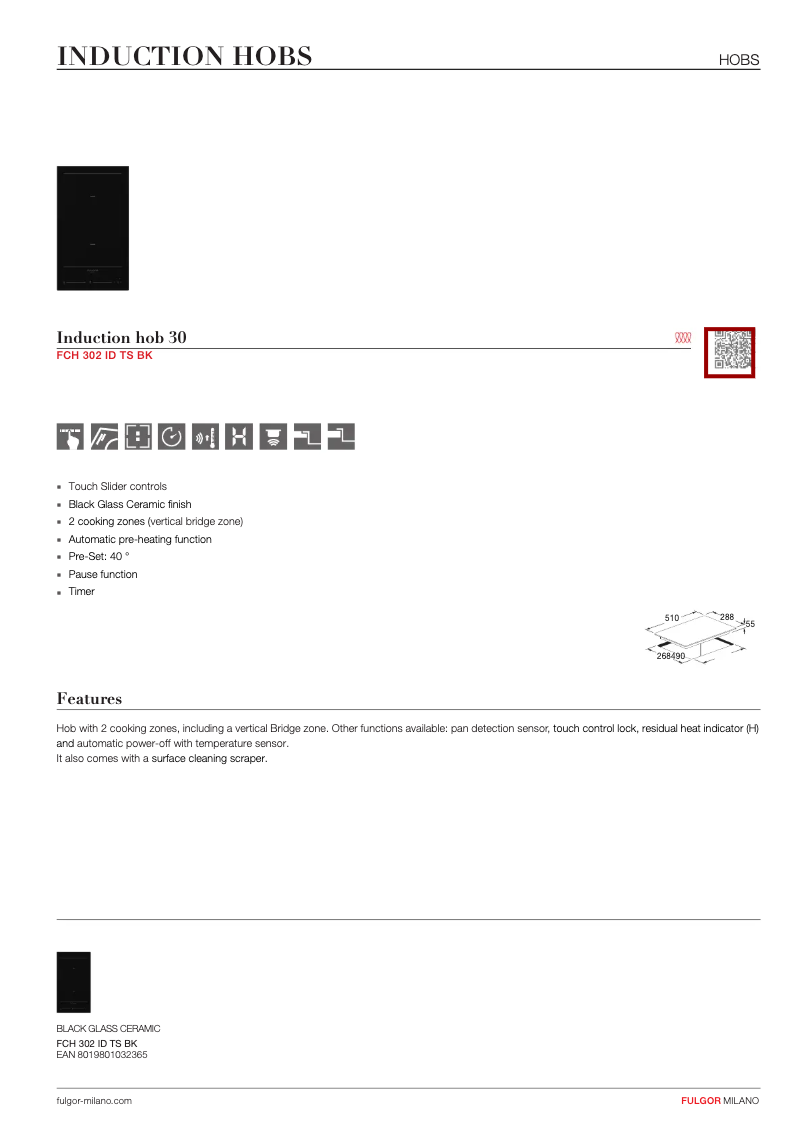 Page 1 de la notice Fiche technique Fulgor Milano FCH 302 ID TS BK
