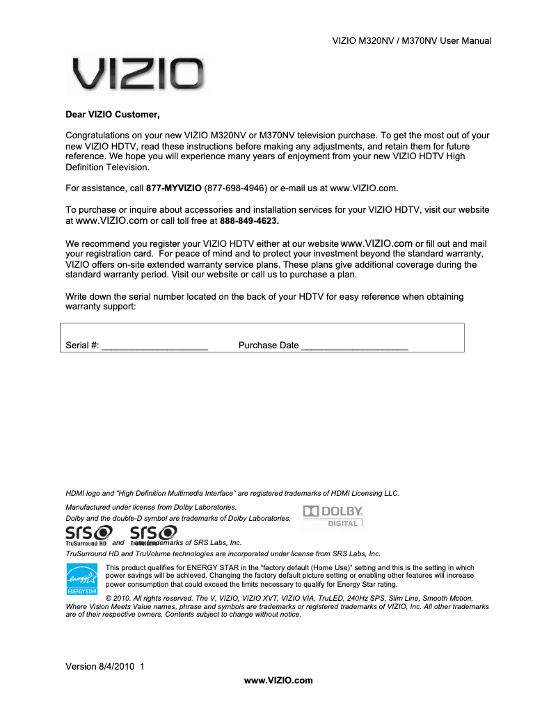 Page 1 de la notice Manuel utilisateur VIZIO M320NV