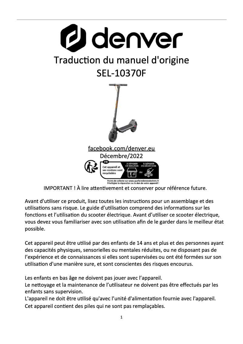 Page 1 de la notice Manuel utilisateur Denver SEL-10370F