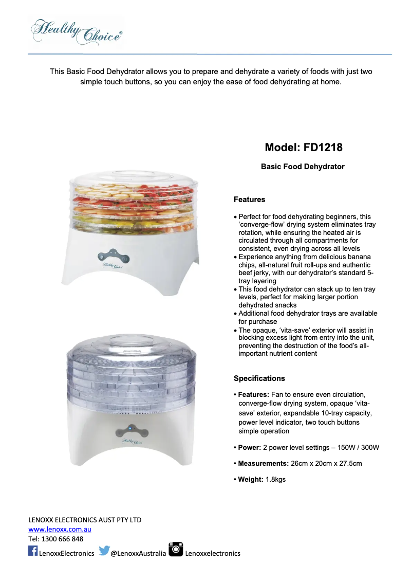 Page 1 de la notice Manuel utilisateur Healthy Choice FD1218