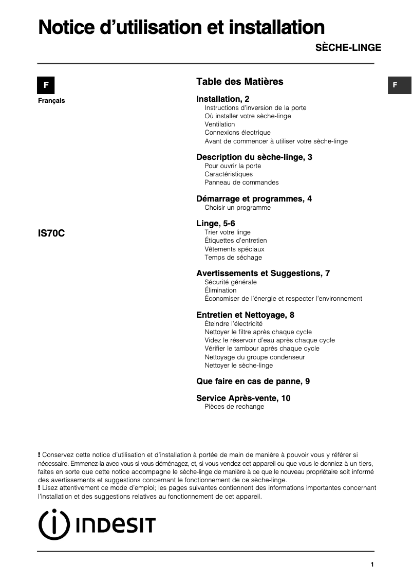 Page n°1 - Manuel utilisateur Indesit IS70C (FR)