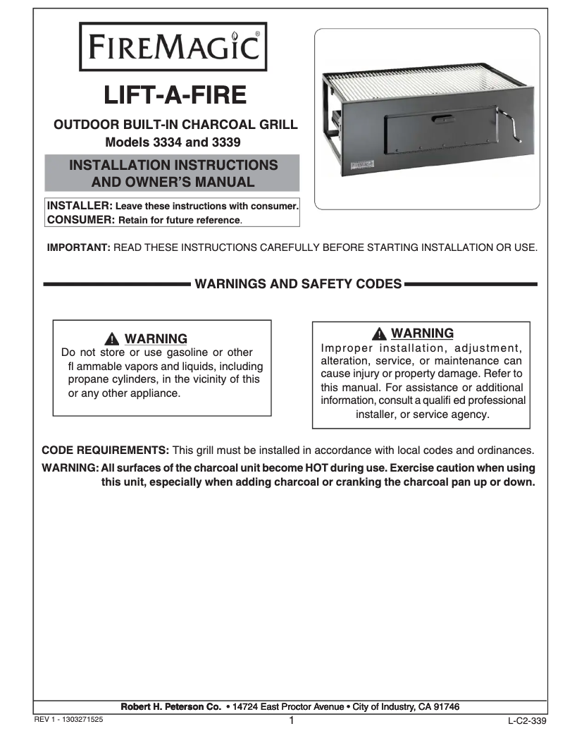 Image de la première page du manuel de l'appareil Lift-A-Fire 3339