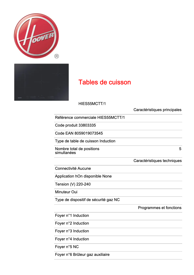 Page n°1 - Fiche technique Hoover HIES55MCTT/1