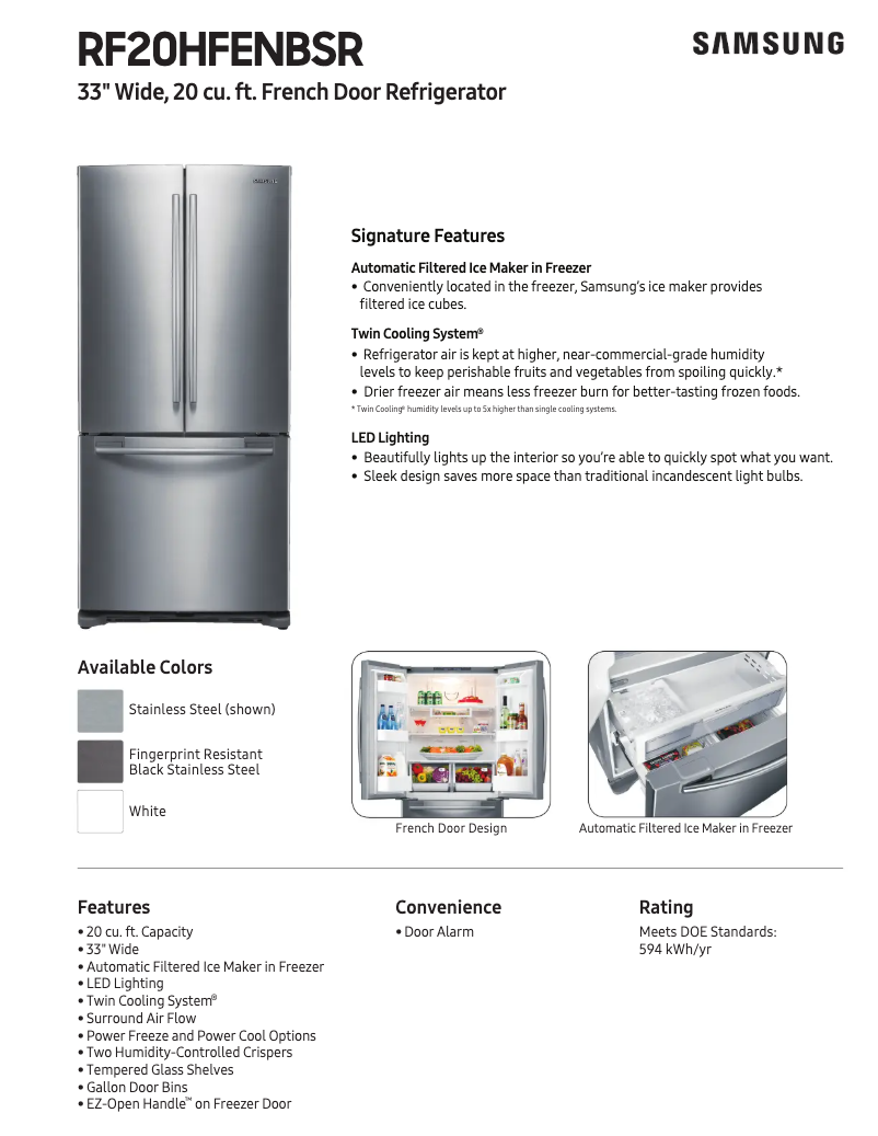 Page 1 de la notice Fiche technique Samsung RF20HFENB