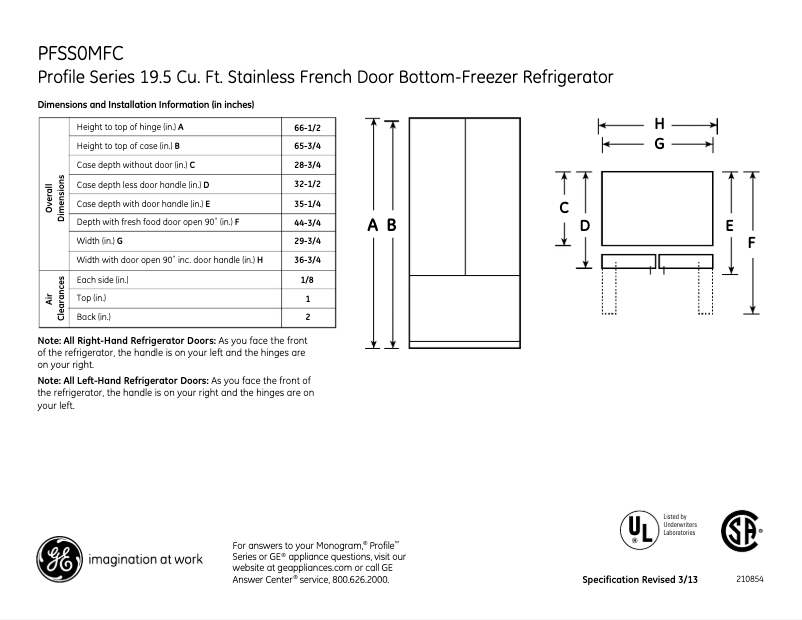 Page 1 de la notice Fiche technique GE Profile PFSS0MFCSS