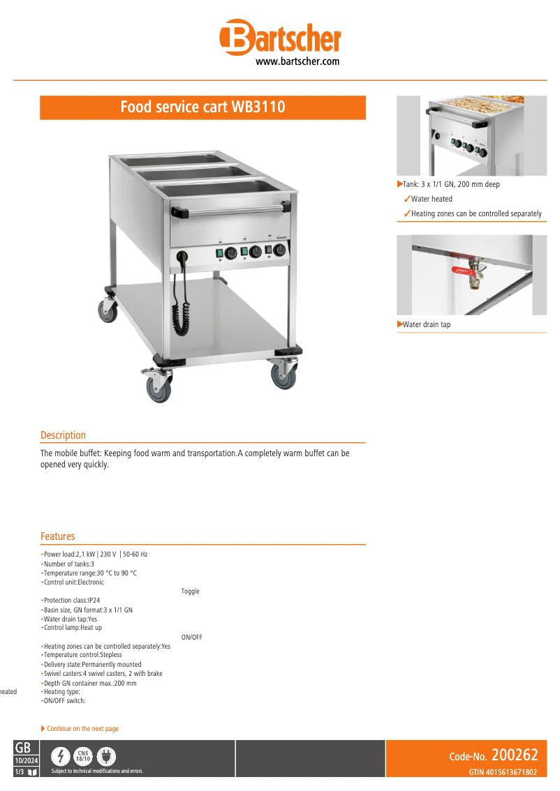 Page 1 de la notice Fiche technique Bartscher WB3110