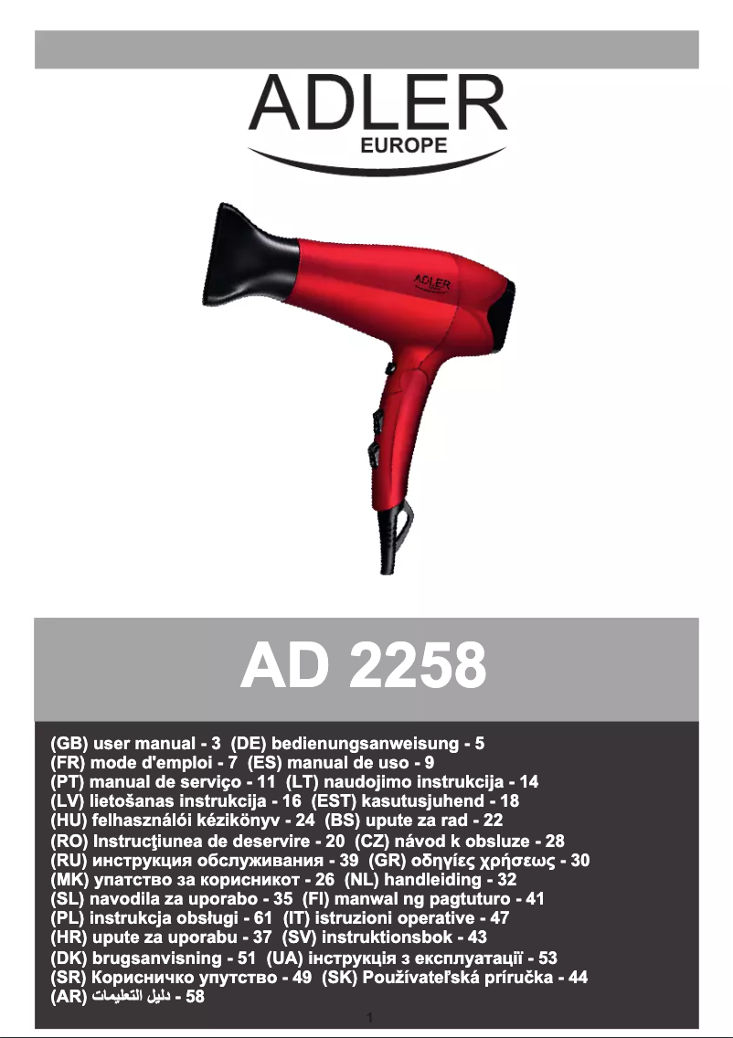 Page 1 de la notice Manuel utilisateur Adler AD 2258