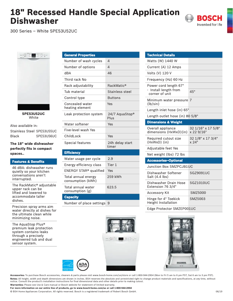 Page n°1 - Fiche technique Bosch SPE53U52UC