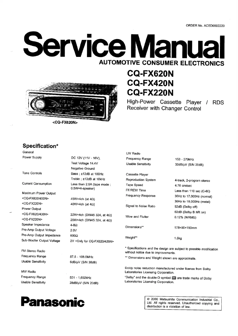 Page 1 de la notice Manuel utilisateur Panasonic CQ-FX420N