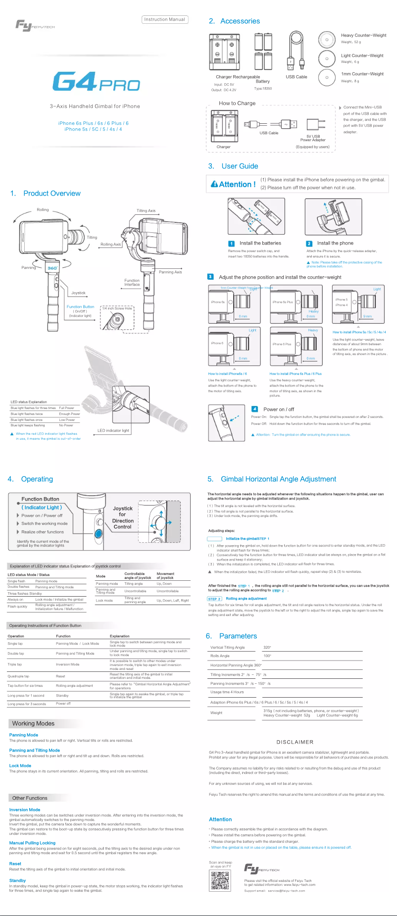 Page 1 de la notice Manuel utilisateur FeiyuTech G4 Pro