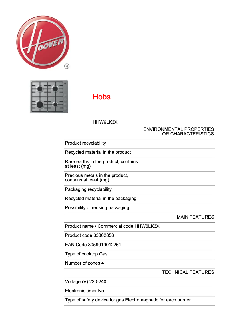 Page n°1 - Fiche technique Hoover H-HOB 300 HHW6LK3X