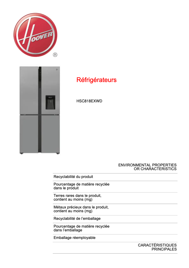 Page n°1 - Fiche technique Hoover HSC818EXWD