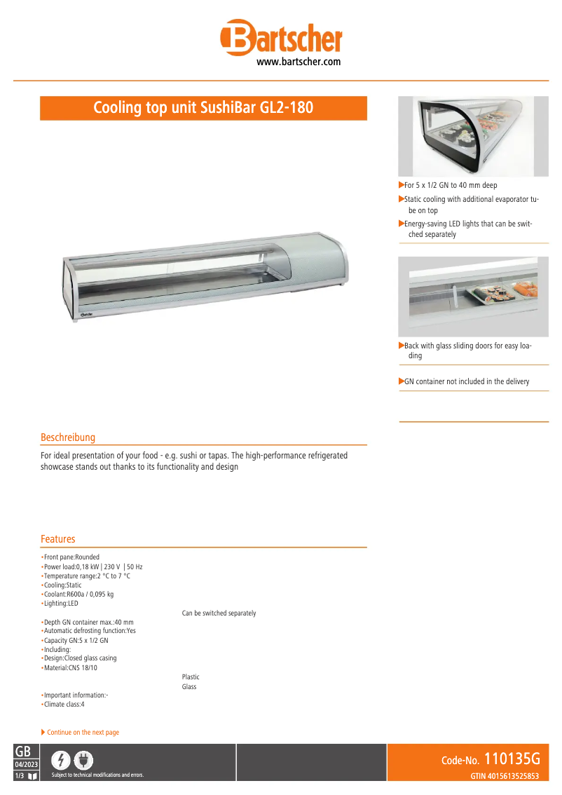 Página 1 del manual Ficha técnica Bartscher GL2-180