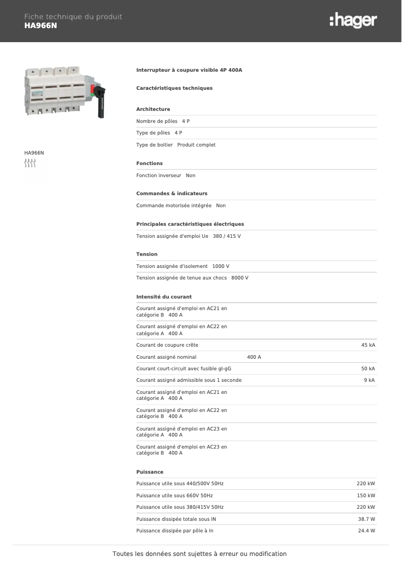 Page 1 de la notice Manuel utilisateur Hager HA966N