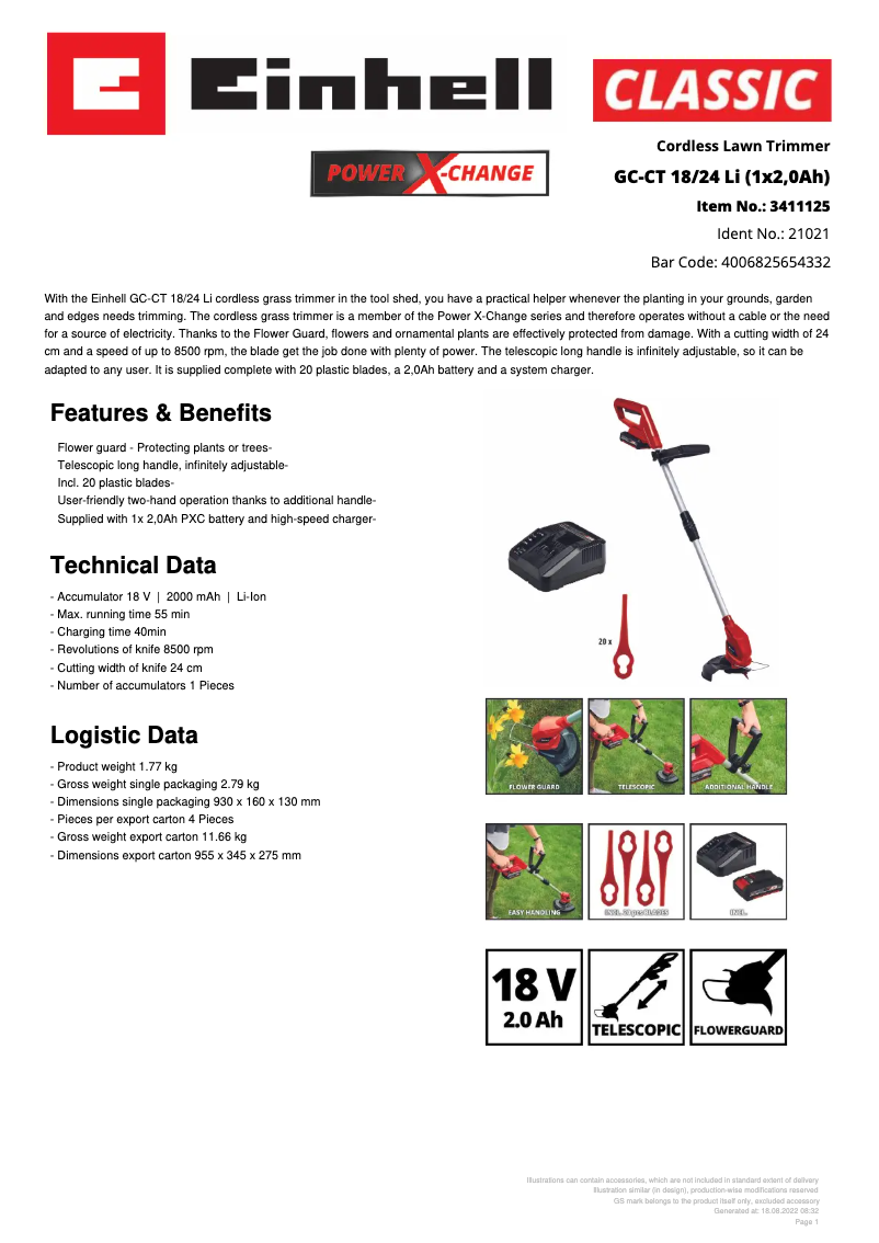 Page 1 de la notice Fiche technique Einhell GC-CT 18/24 Li