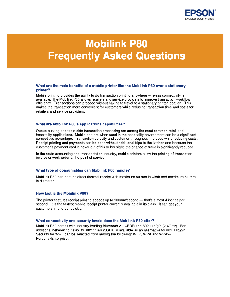 Page n°1 - FAQ Epson Mobilink P80