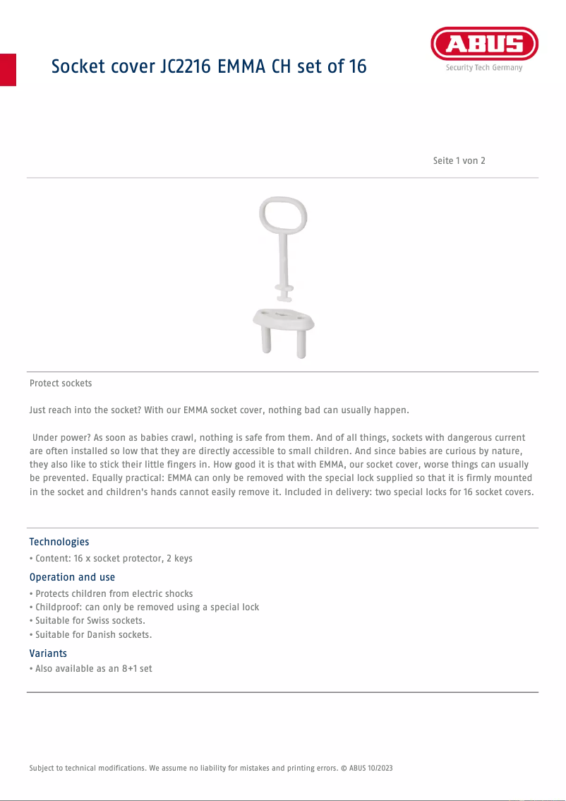 Page n°1 - Fiche technique Abus JC2216 EMMA