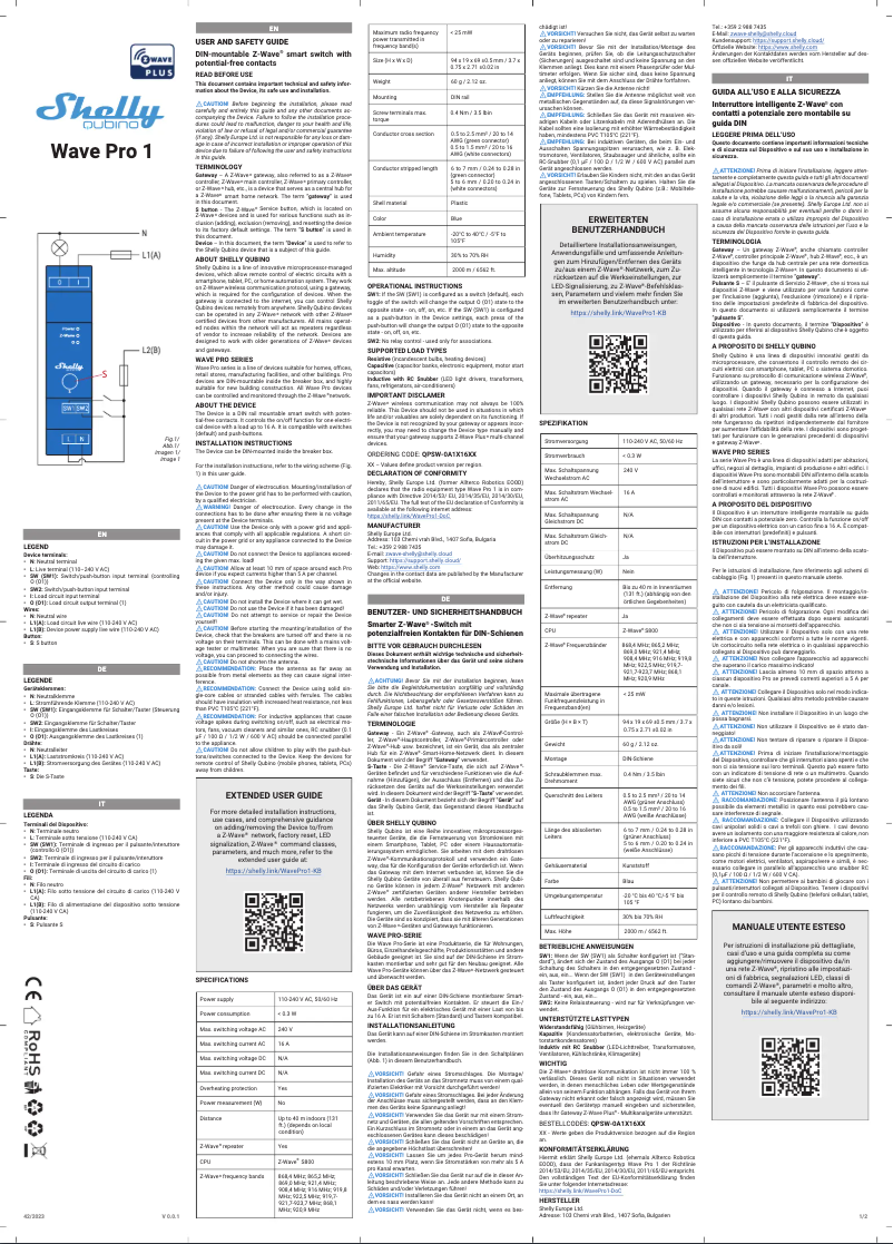 Page 1 de la notice Manuel utilisateur Shelly Wave Pro 1