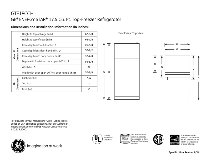 Page n°1 - Fiche technique GE GTE18CCHSA