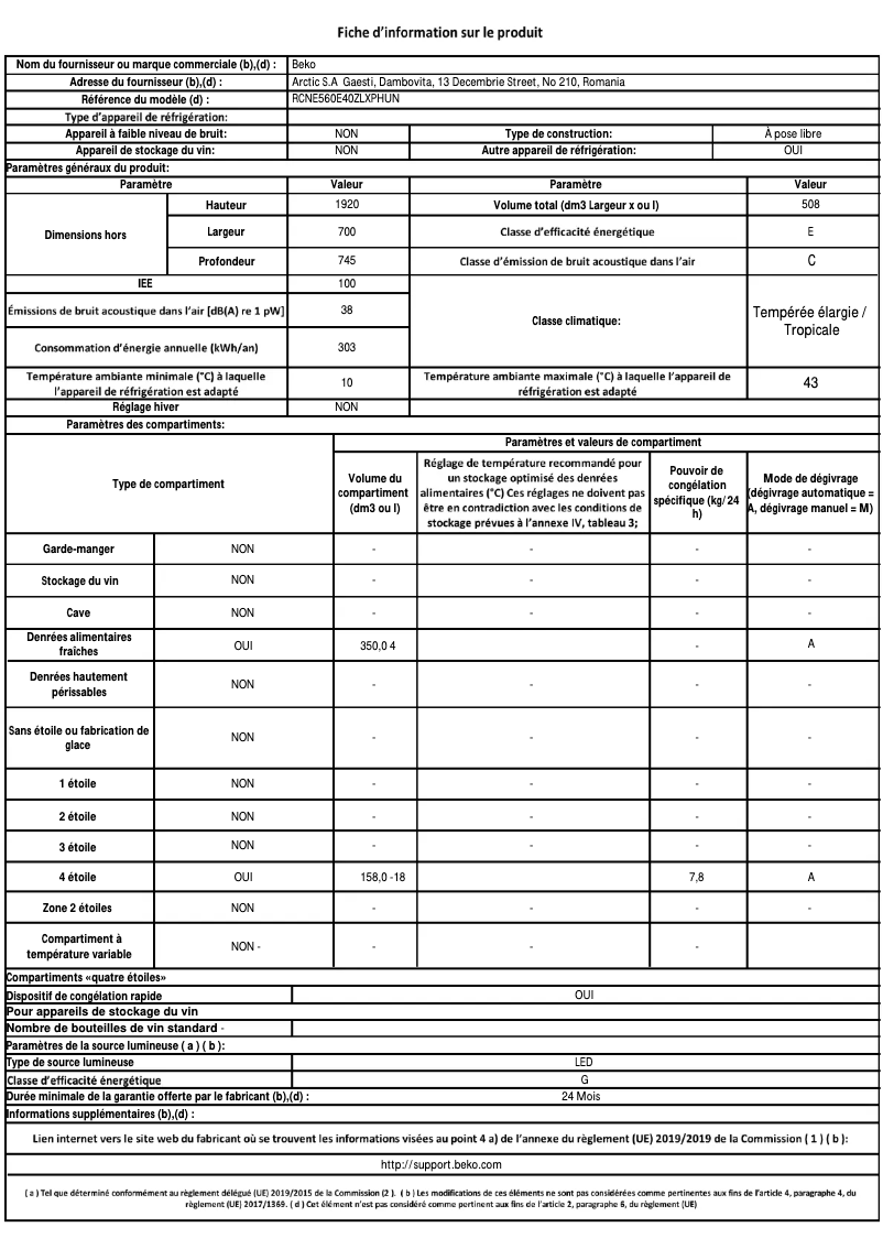 Page 1 de la notice Fiche technique Beko RCNE560E40ZLXPHUN