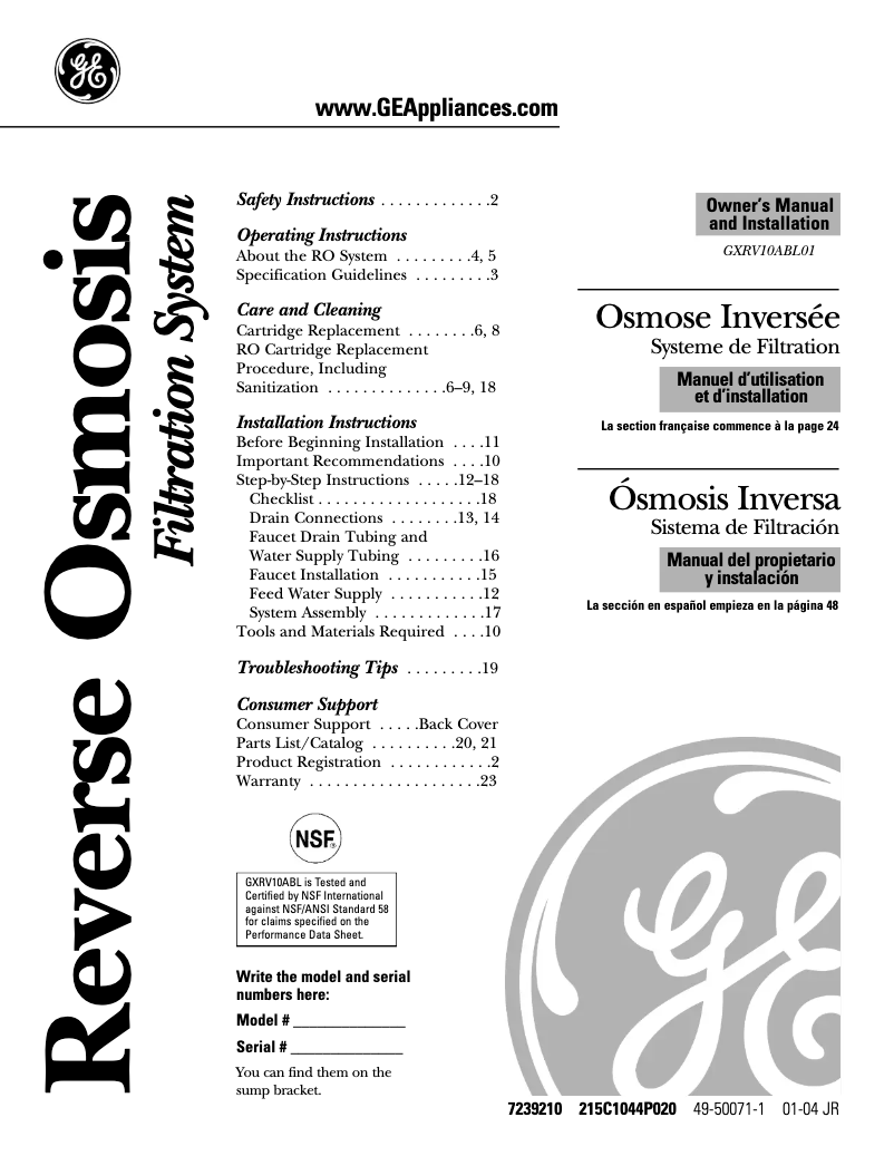 Page n°1 - Manuel d'utilisation et d'entretien GE GXRV10ABL